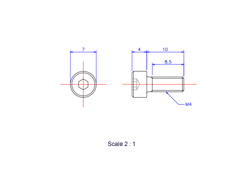 Drawing of Hexagon Socket head ceramic screw (Cap bolt) M4x10L Metric.