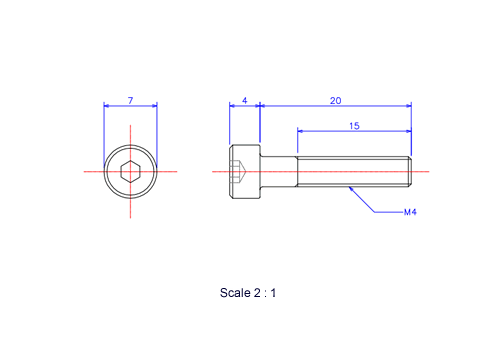 Drawing of Hexagon Socket head ceramic screw (Cap bolt) M4x20L Metric.
