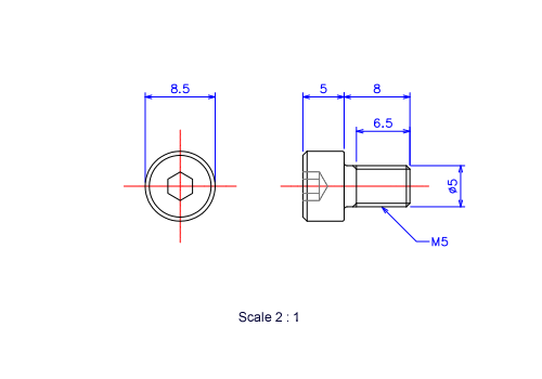 Drawing of Hexagon Socket head ceramic screw (Cap bolt) M5x8L Metric.