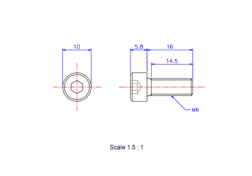Drawing of Hexagon Socket head ceramic screw (Cap bolt) M6x16L Metric.