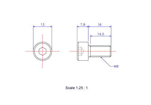 Drawing of Hexagon Socket head ceramic screw (Cap bolt) M8x16L Metric.