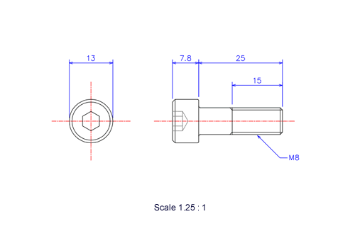 Drawing of Hexagon Socket head ceramic screw (Cap bolt) M8x25L Metric.