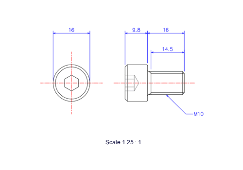 Drawing of Hexagon Socket head ceramic screw (Cap bolt) M10x16L Metric.