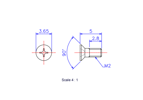 Drawing of Flat countersunk head ceramic screw M2x5L Metric.