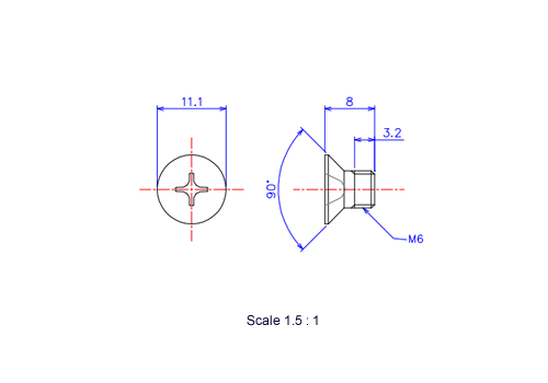 Drawing of Flat countersunk head ceramic screw M6x8L Metric.